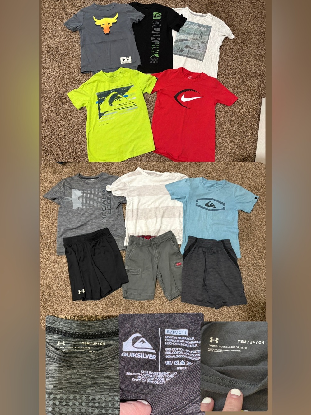 Quiksilver & Under Armour Kids Shirt Bundle - Red, Neon Green, Blue, Gray, White